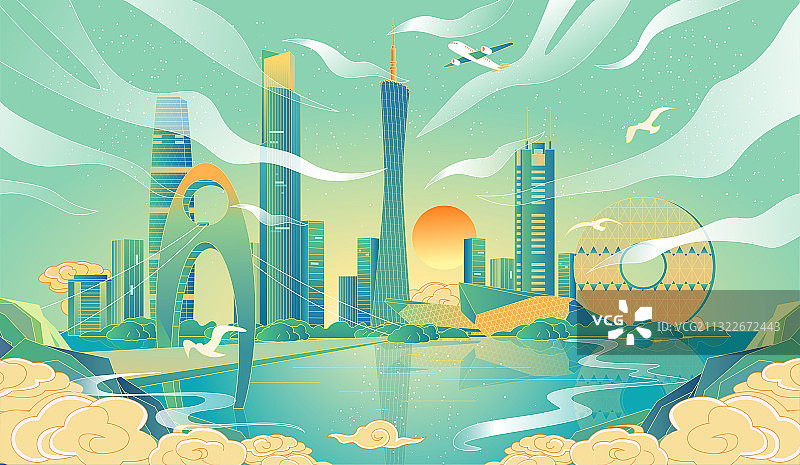 广州城市地标建筑国风插画图片素材