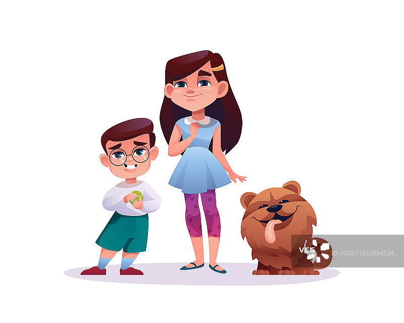 女孩和男孩与狗宠物卡通风格的人物图片素材