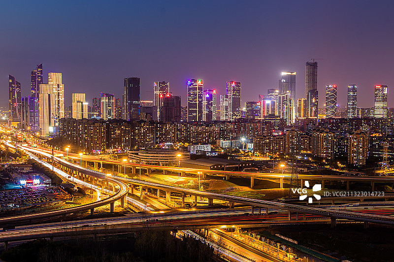 中国南京河西CBD城市天际线夜景图片素材