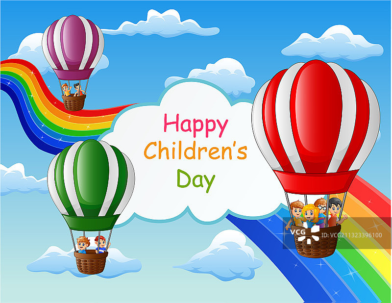儿童节快乐的海报，孩子们在空中气球图片素材