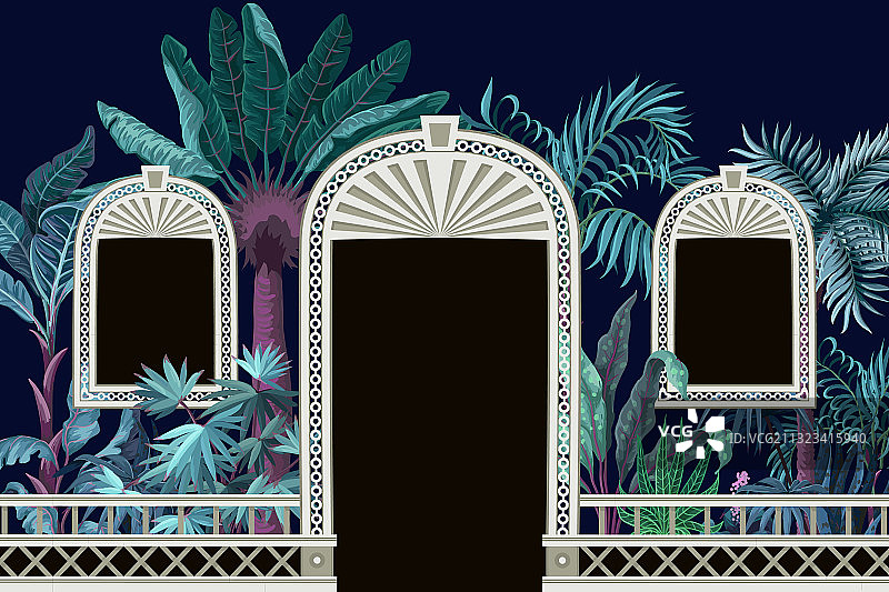 图案与热带树木和门开口在一个图片素材