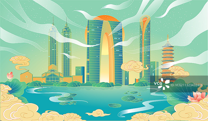 苏州国风城市插画图片素材
