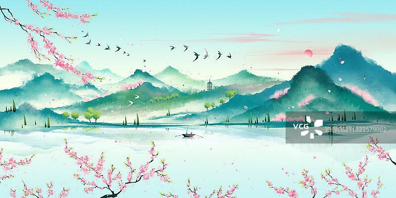 桃花盛开的山林户外风景山水画图片素材