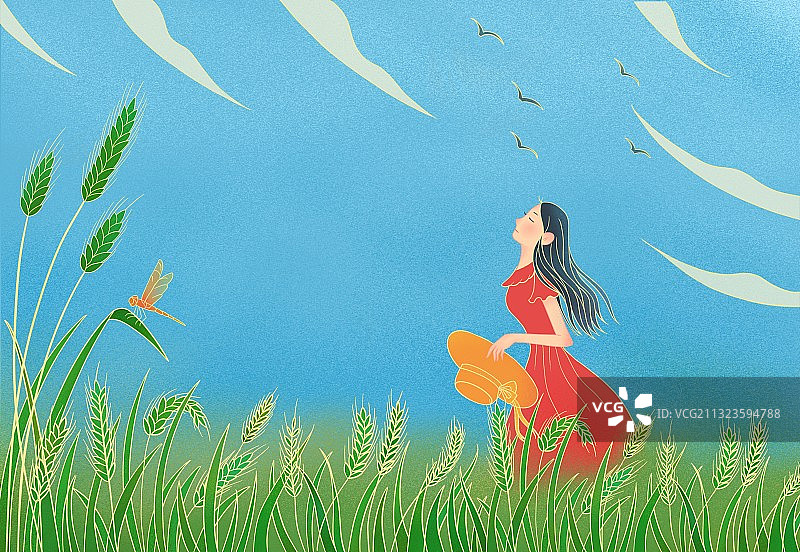节气,国潮风,小满,稻谷,女孩,蜻蜓,帽子,蓝天,白云，插画图片素材