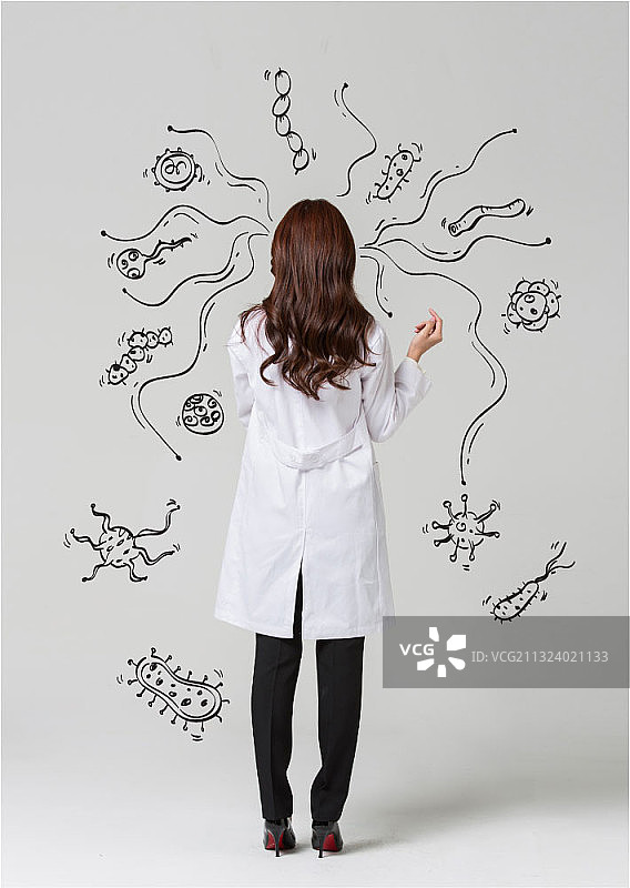 编辑图像的女医生和病毒生物体插图图片素材
