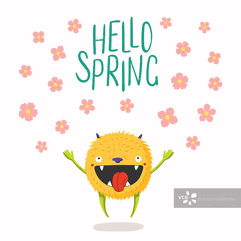 可爱的快乐怪兽与春天的花朵图片素材