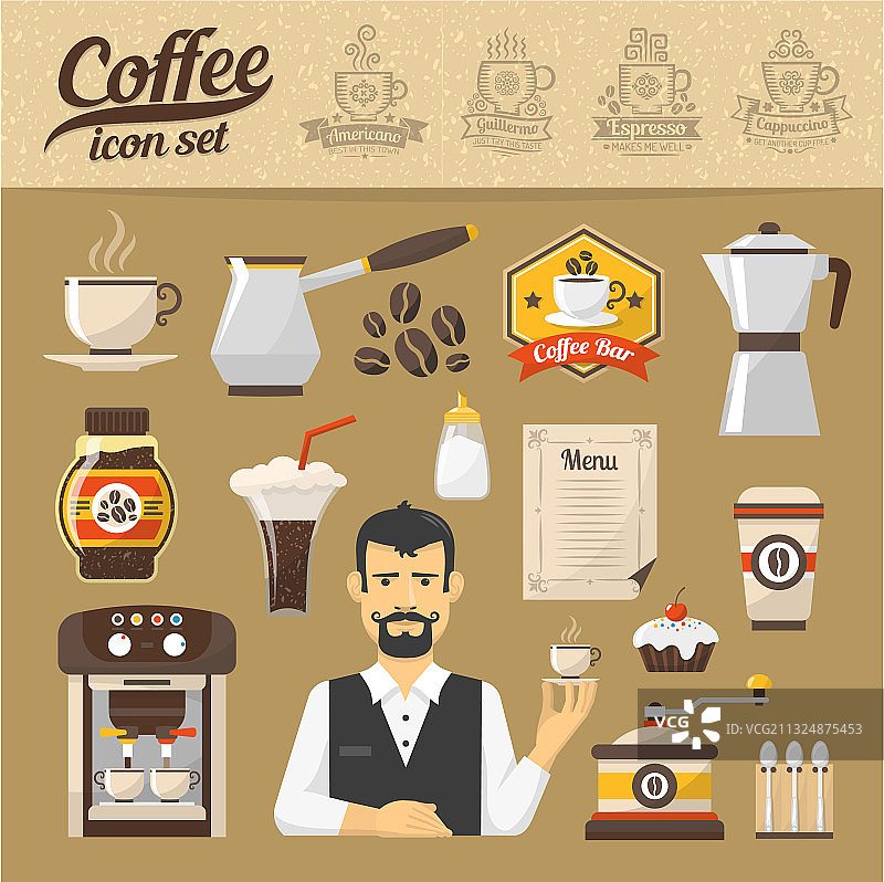 咖啡图标将咖啡店设置为平面风格图片素材