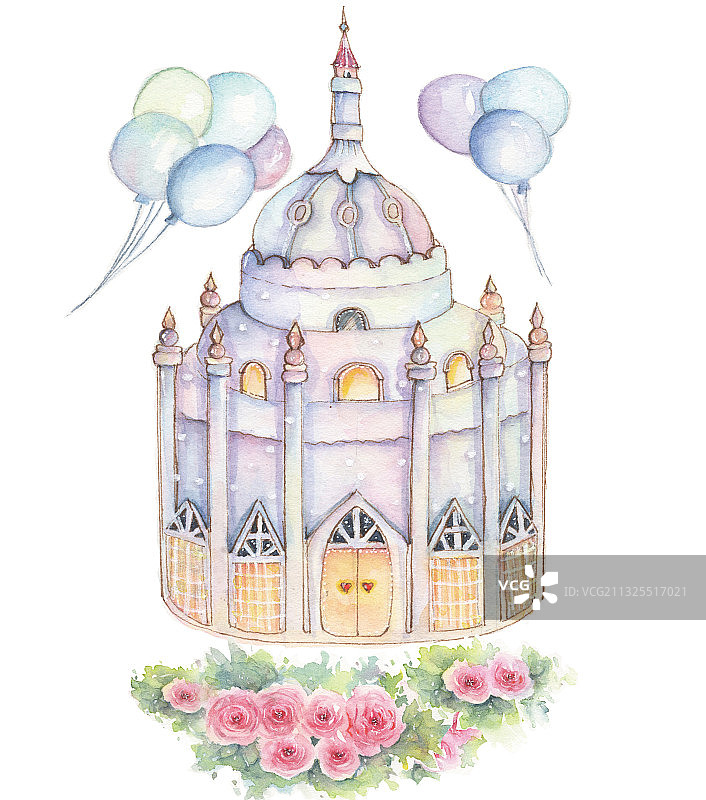 水彩插画童趣可爱的蛋糕冰淇淋花朵纸杯蛋糕屋图片素材