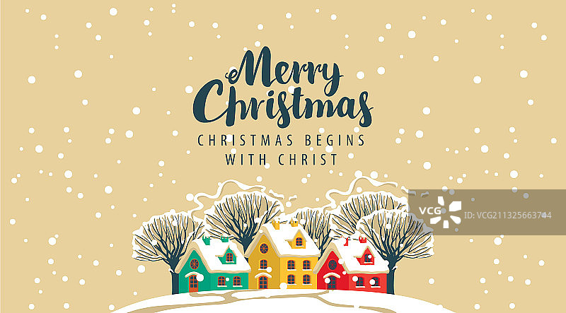 圣诞信封上有白雪覆盖的房子和圣诞树图片素材