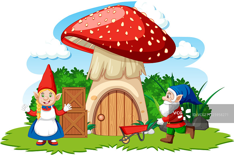 侏儒和蘑菇屋卡通风格的白色图片素材