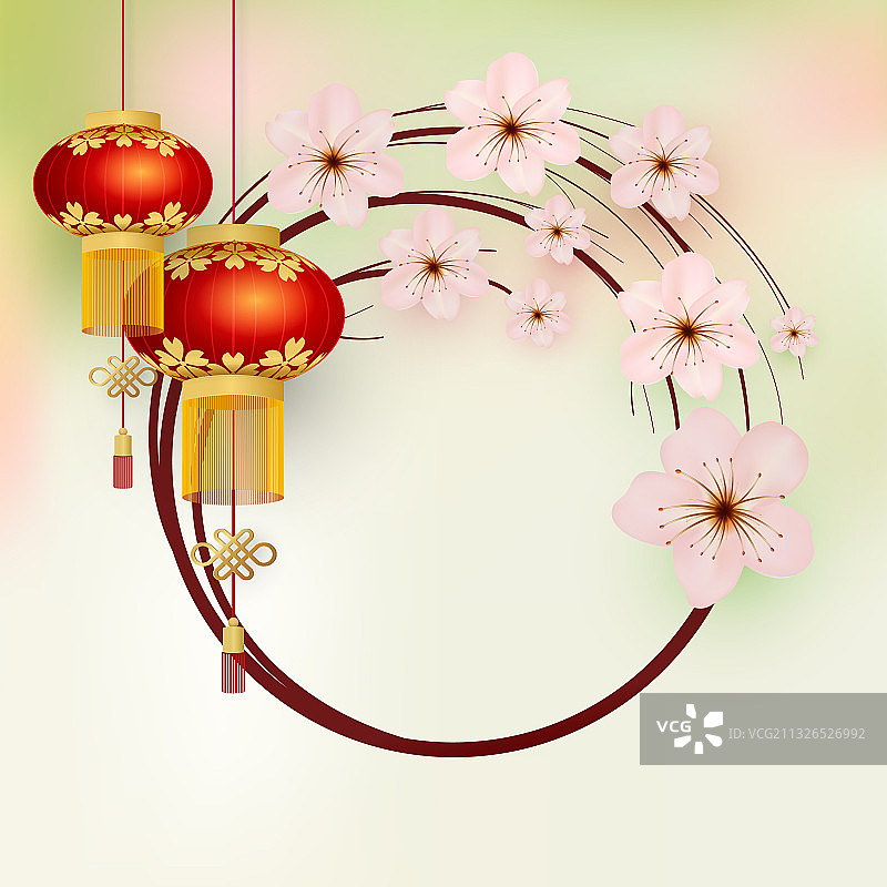 花架中国灯笼和樱花图片素材