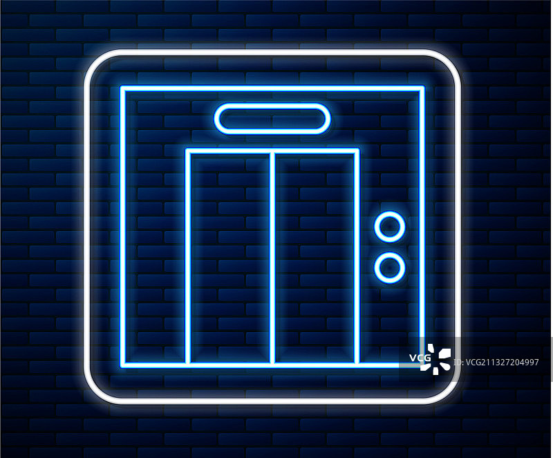 发光的霓虹灯线电梯图标孤立在砖墙上图片素材