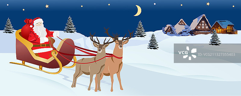 圣诞老人带着一袋礼物坐在雪橇上图片素材
