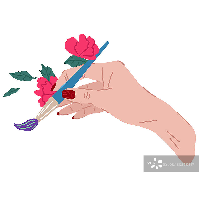 手用刷子和花朵的创意象征图片素材