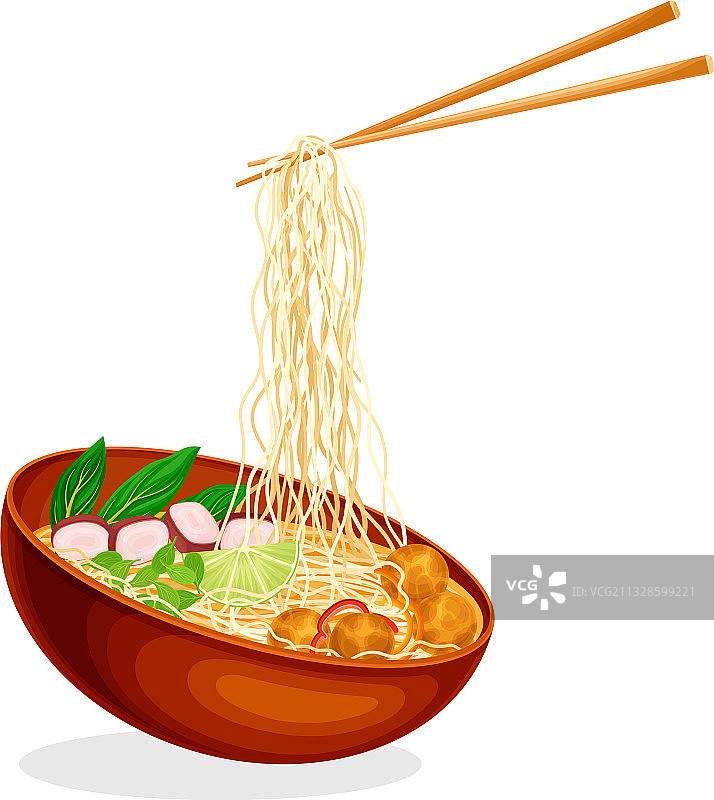用筷子夹在碗里的亚洲肉汤或汤图片素材