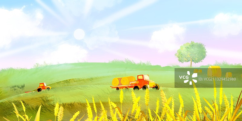 二十四节气插画夏天芒种农田上的拖拉机收割机图片素材