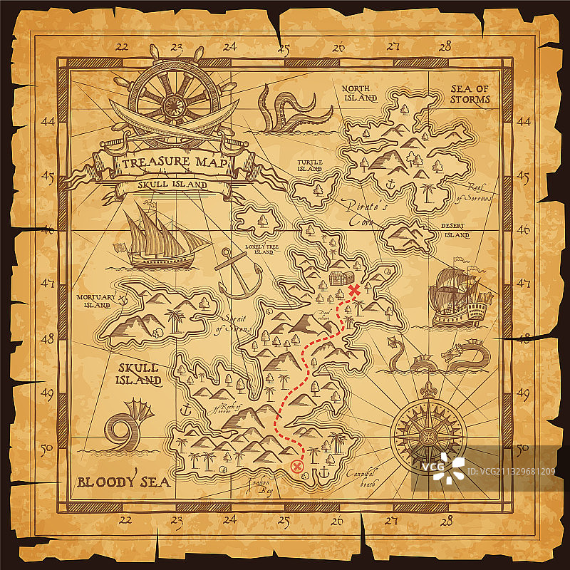 一张古老的海盗地图，上面有宝藏的位置图片素材