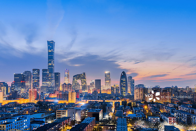 中国北京CBD建筑群高视角夜景图片素材