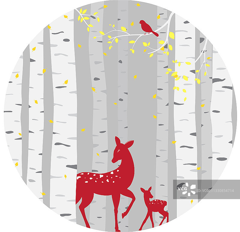 桦树与鹿和鸟的剪影背景图片素材