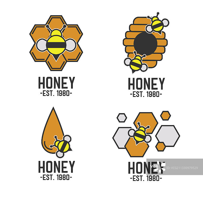 蜂蜜标志平风格与蜜蜂孤立在白色图片素材