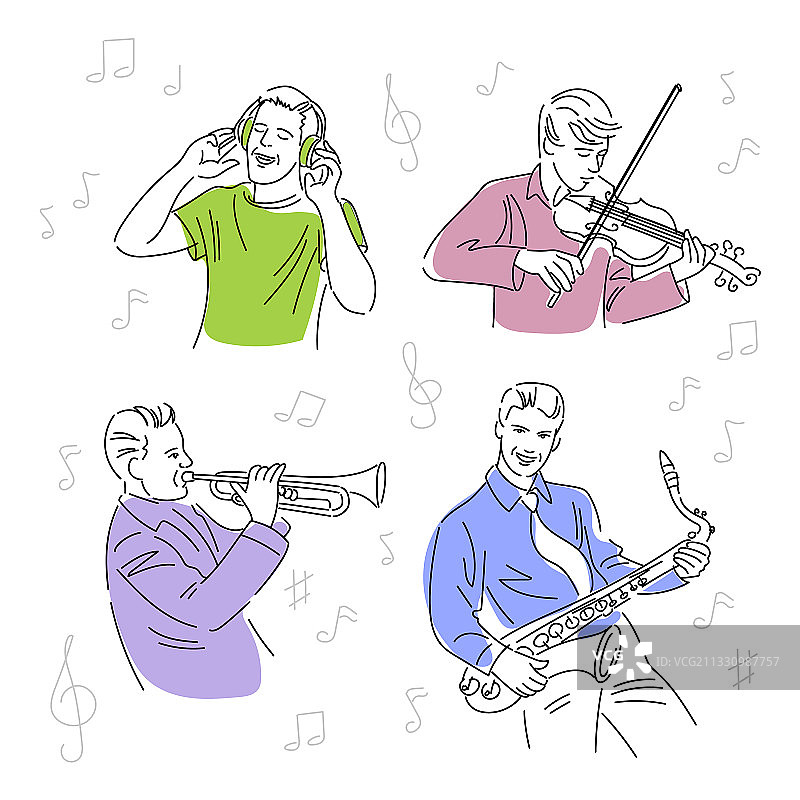 一套四名男性现代乐师的概要图片素材
