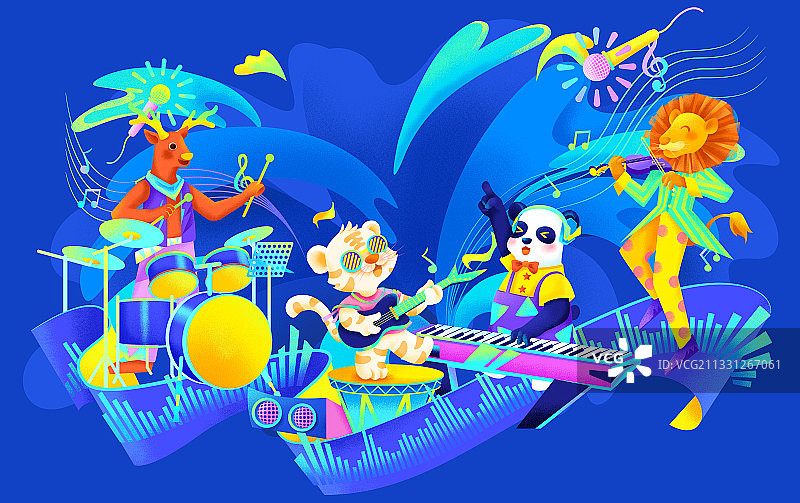动感时尚蓝色欢乐动物音乐会潮流噪点插画图片素材