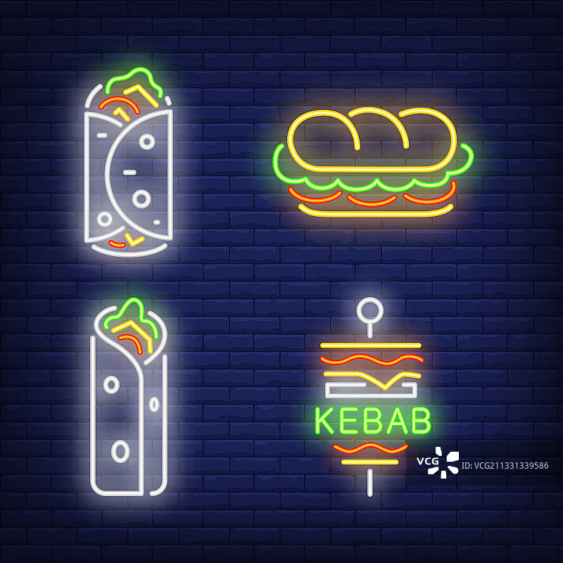 多纳烤肉串和沙瓦玛霓虹灯设置图片素材