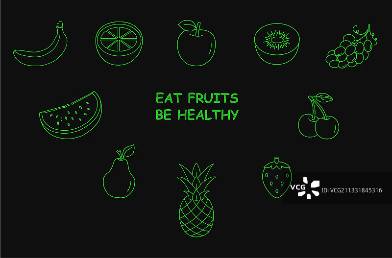 水果图标设置细线风格绿色健康图片素材