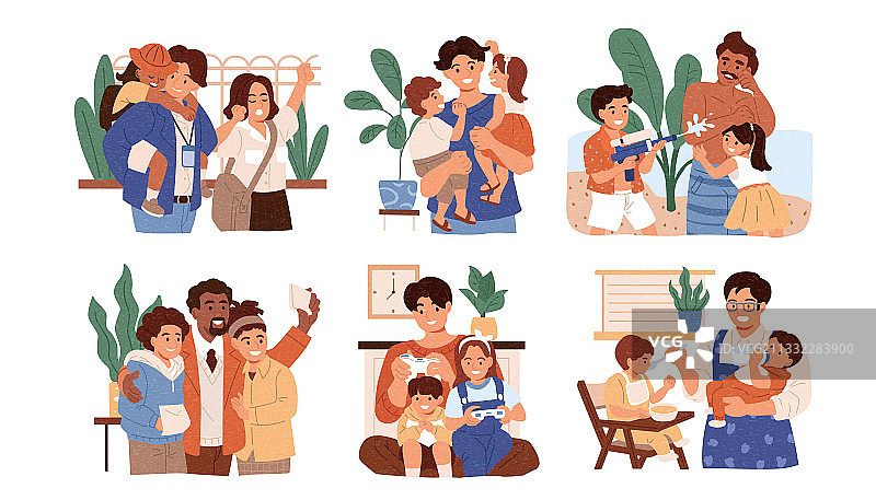 父亲照顾孩子插图集合 多元族群家庭样貌图片素材