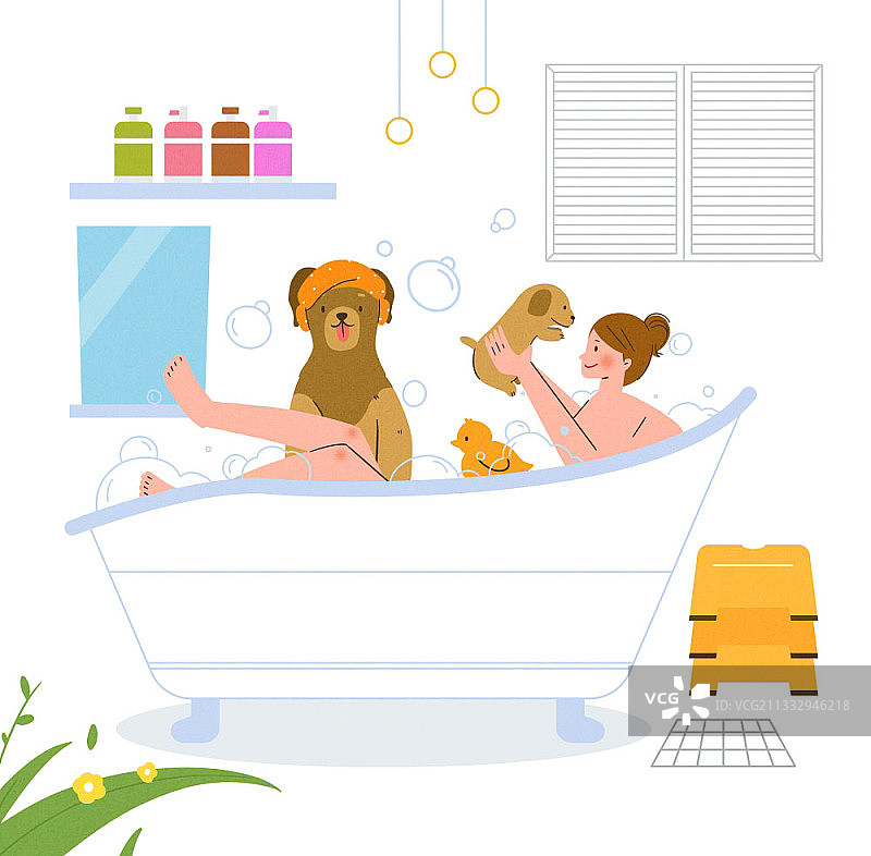 一个女人和小狗在浴缸里洗澡的插图图片素材