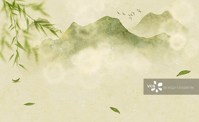 水彩风格山川与竹叶插画图片素材