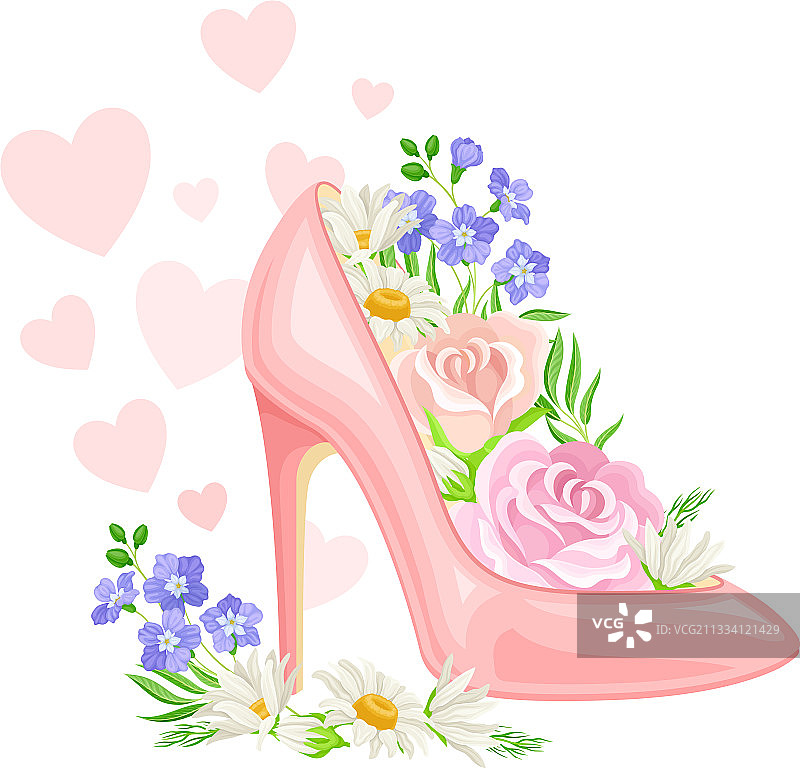 里面有盛开的花朵的粉红色高跟鞋图片素材