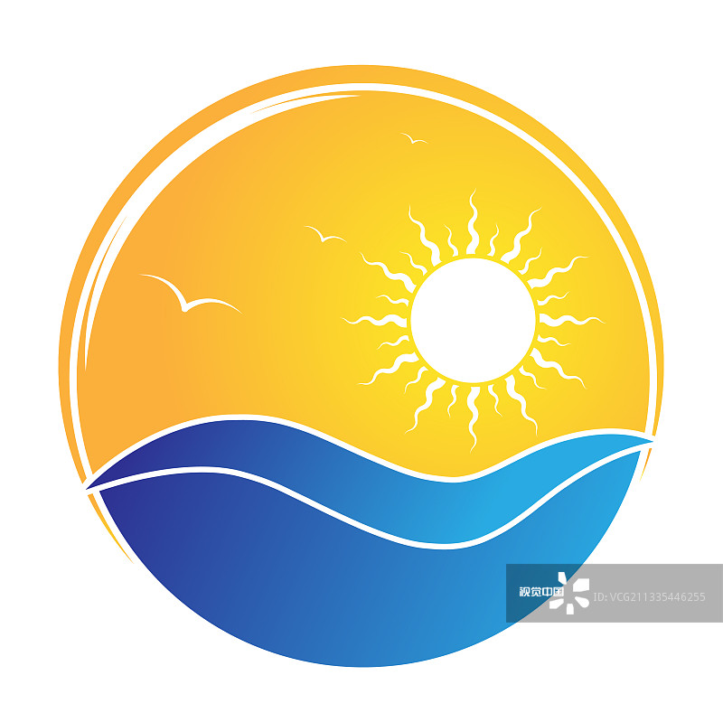 海浪太阳和海鸥为标志，标志贴纸和图片素材