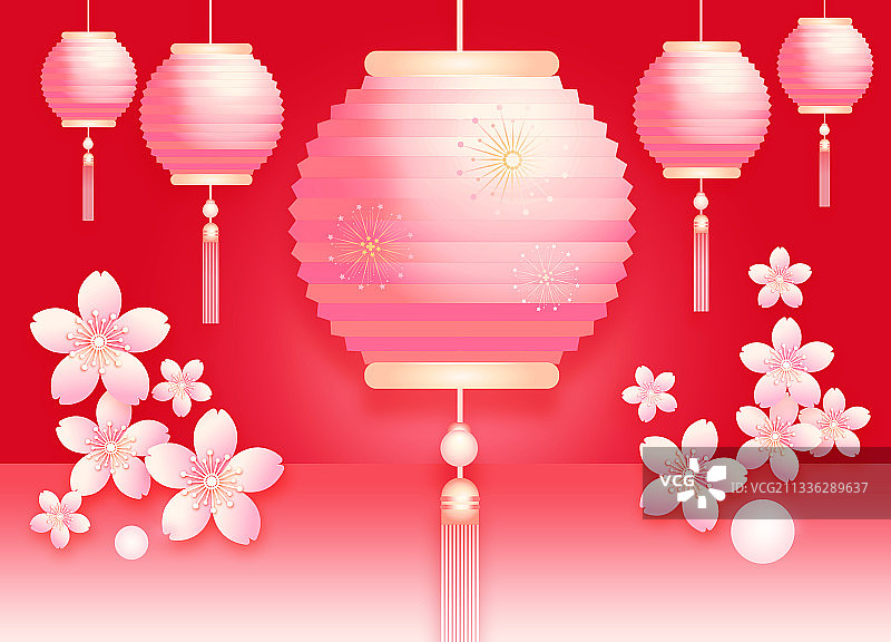 新年元宵节灯笼樱花插画背景海报图片素材