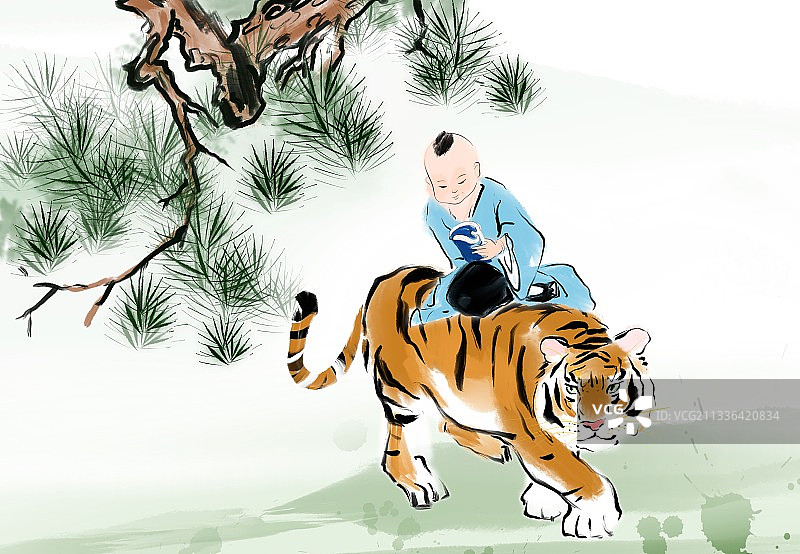 虎年中国风人物画骑老虎读书的小孩图片素材