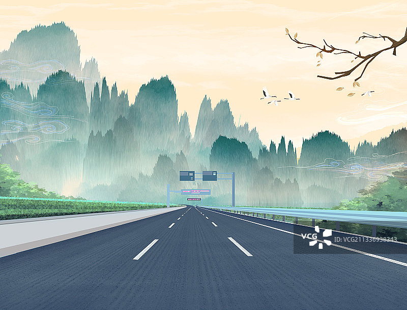 秋天森林里的一条公路通向远方插画背景图片素材