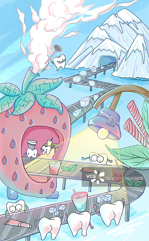 草莓牙齿冰山生产线插画图片素材