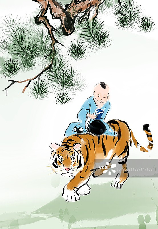 2022年虎年插画中国风骑老虎的小孩图片素材