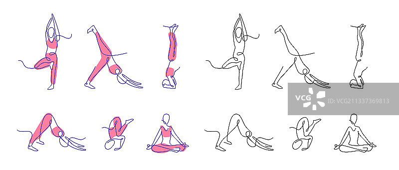 连续线条艺术瑜伽摆出瑜伽体式轮廓图片素材