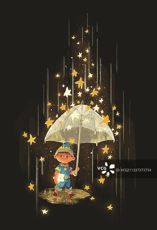 在星星雨中撑伞的小男孩图片素材
