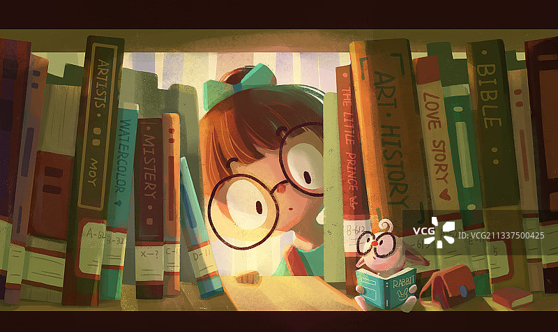 小女孩在图书馆偶遇小兔子图片素材
