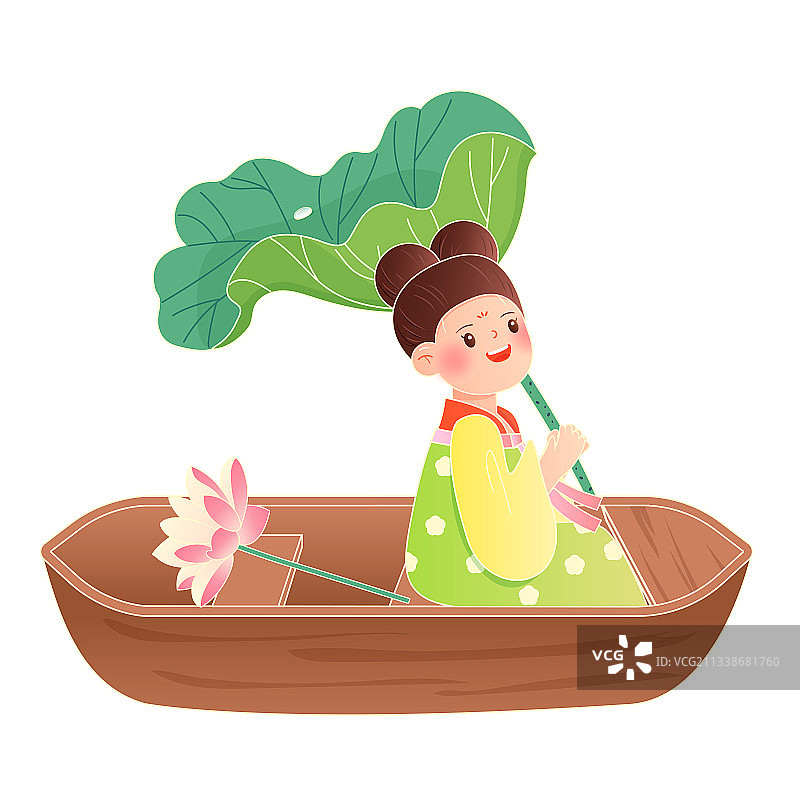 国潮风汉服女孩举着荷叶坐木船矢量插画人物元素图片素材
