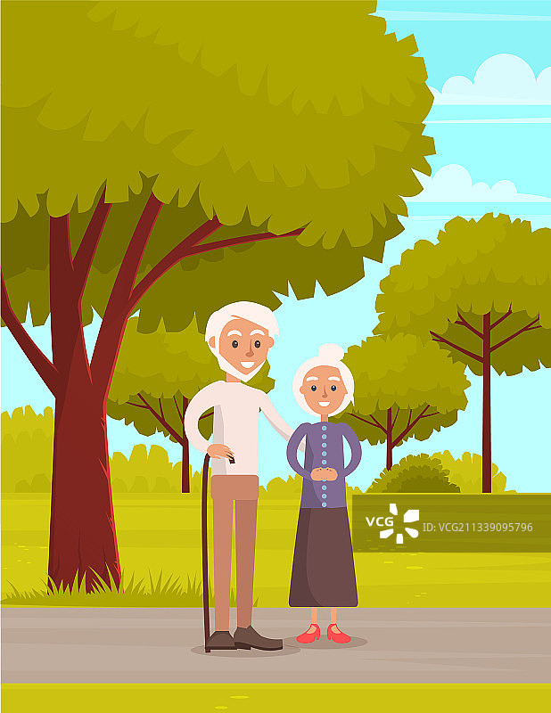 老人和妇女在城市花园散步图片素材
