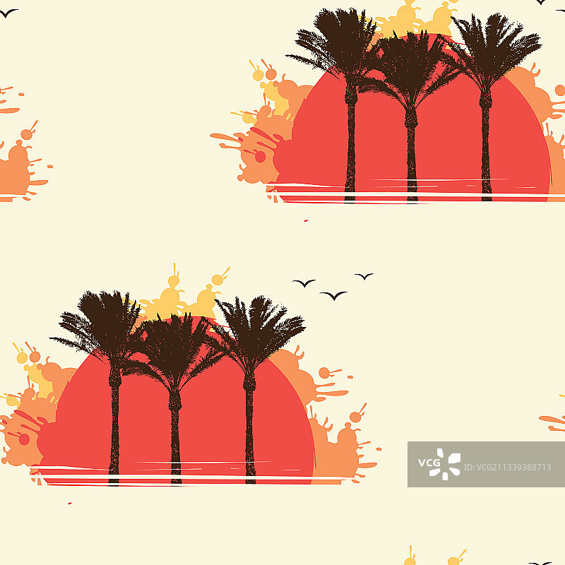 夏季无缝图案与太阳棕榈树和海鸥图片素材