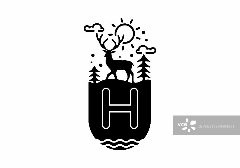 黑色线条艺术鹿徽章与h的初始名称图片素材