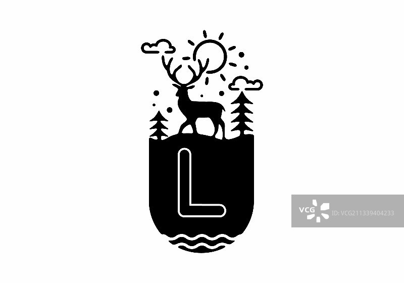 黑色线条艺术鹿徽章与l的初始名称图片素材