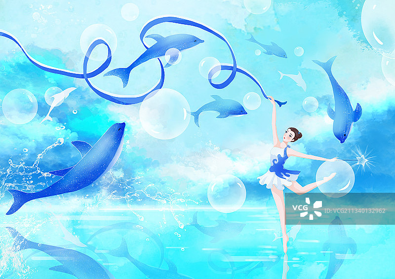 蓝色梦幻海洋与海豚共舞的女孩图片素材