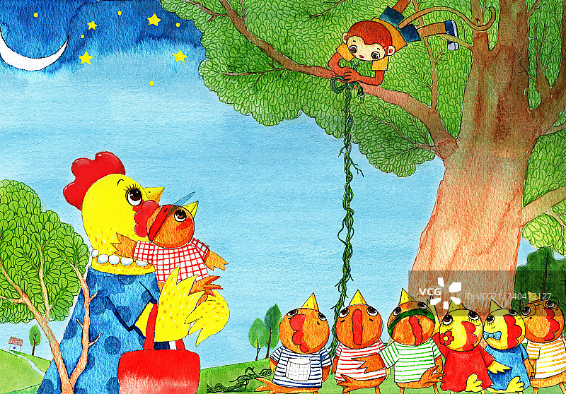 水彩绘本插画系列-一群小鸡围着小猴图片素材