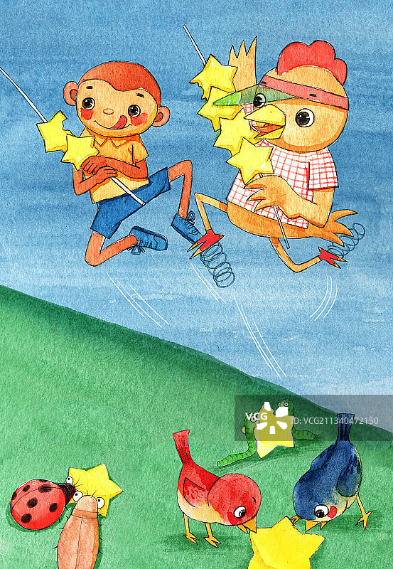 水彩绘本插画系列-小猴小鸡抱着星星串挑了起来图片素材