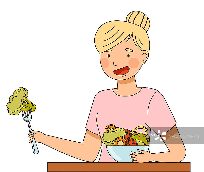 素食女性在餐桌上吃新鲜蔬菜图片素材